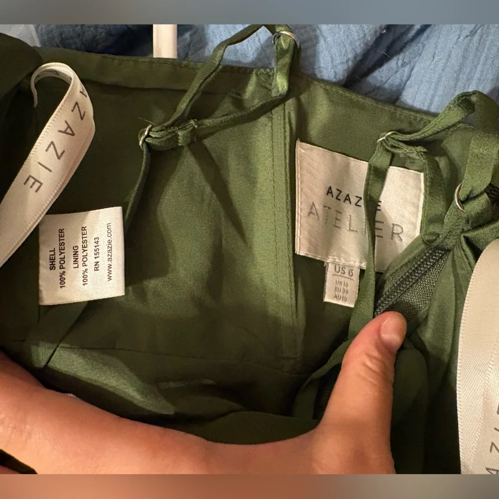 Azazie Jill Olive Green Dropped Waist Gown - Picture 6 of 8